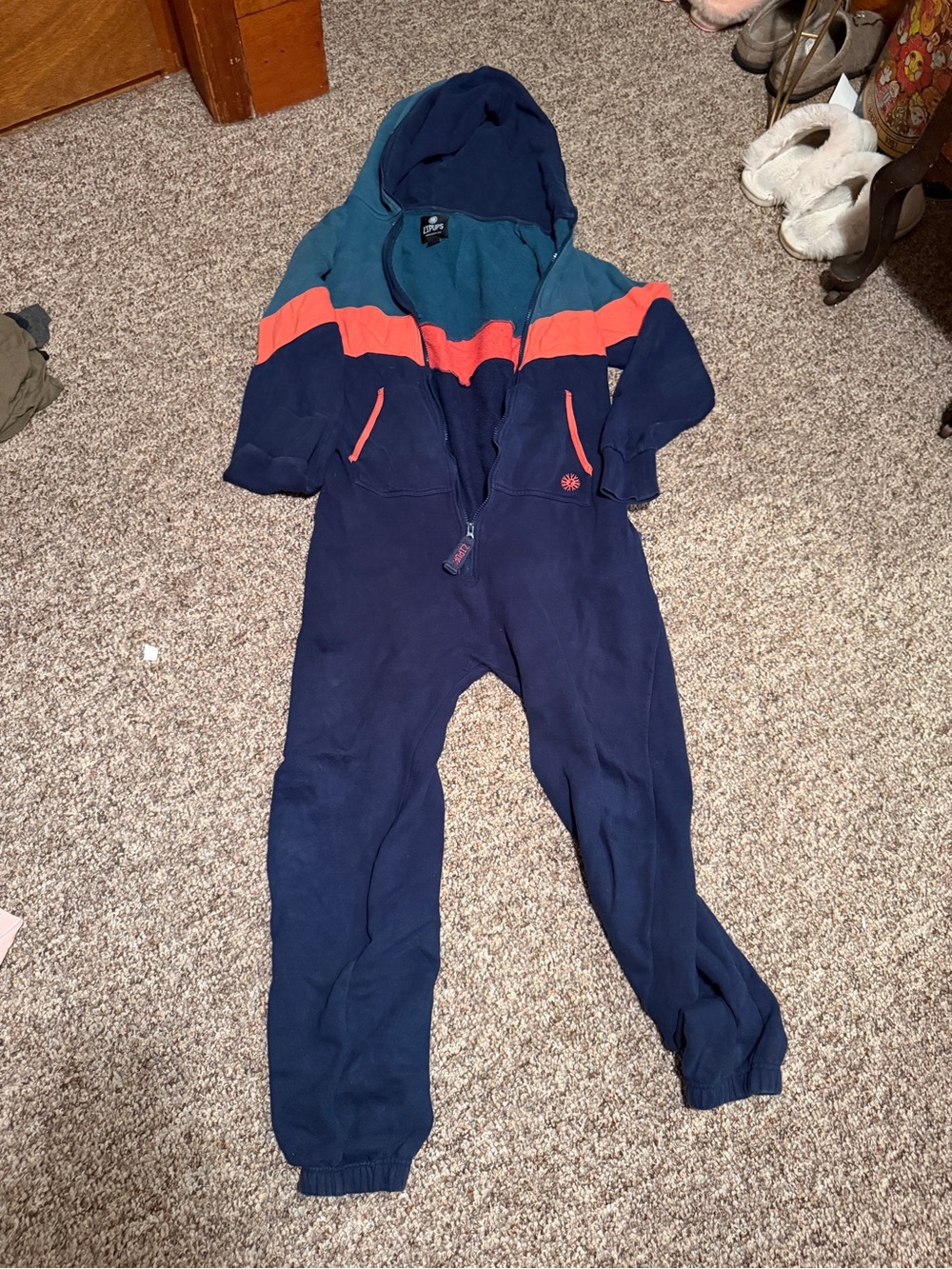 Navy Colorblock Hooded One-Piece Jumpsuit with Coral Stripe